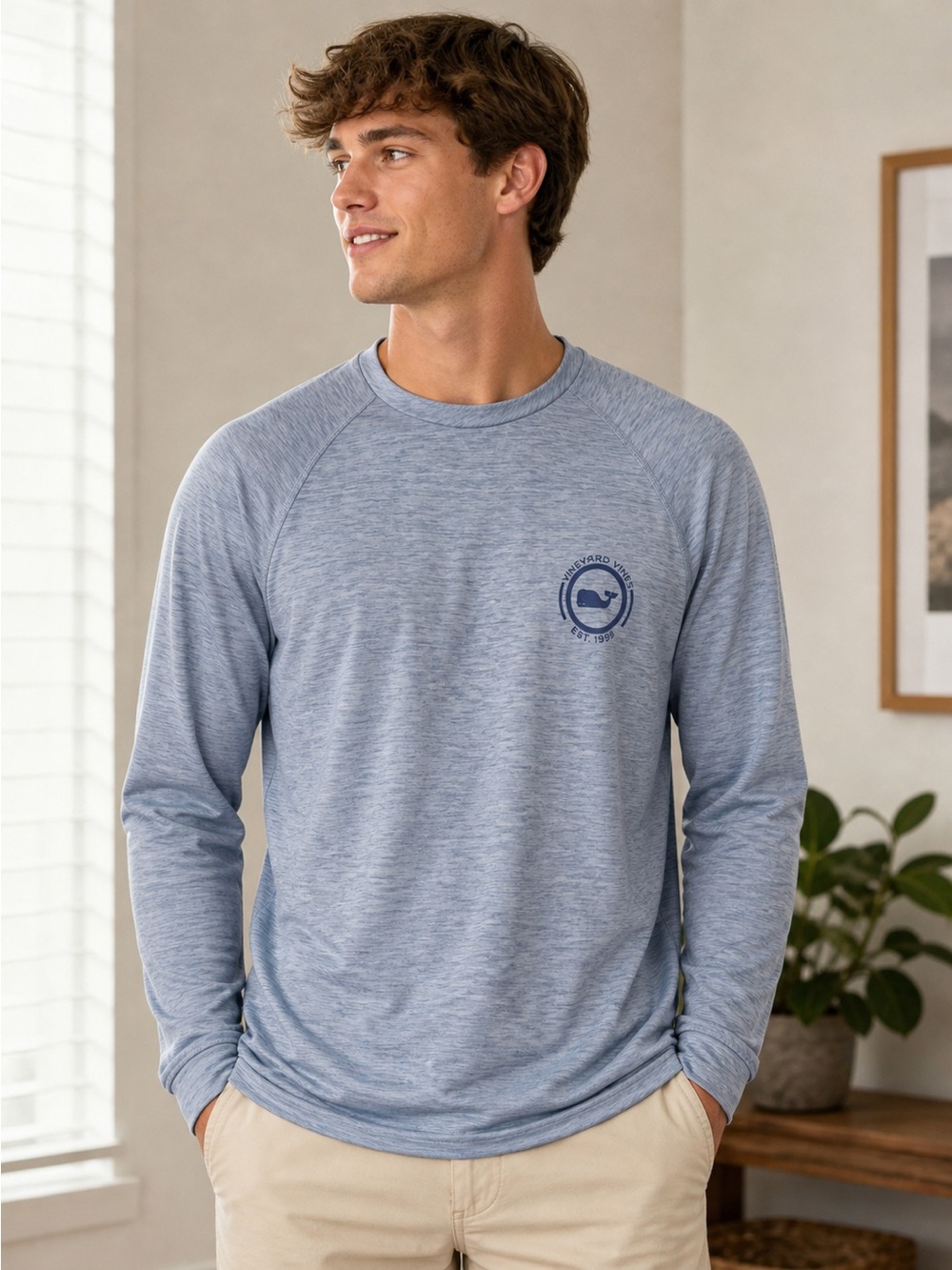 Vineyard Vines Men's Heathered Gray-Blue Performance Long Sleeve Shirt